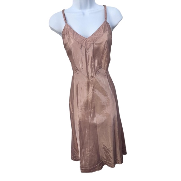 Sears Charmode Light Bronze Spaghetti Straps V Neck Satin Fabric Slip/ Dress 16 - Picture 3 of 8